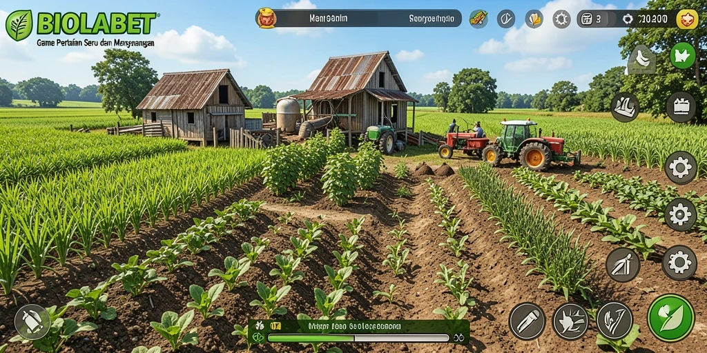 Screenshot gameplay BIOLABET menampilkan pemandangan ladang yang hijau dan subur.