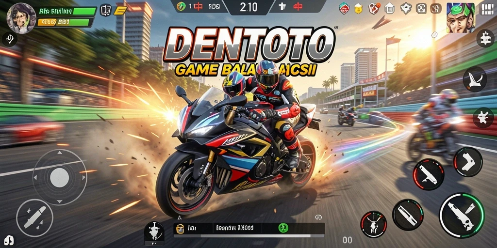Screenshot gameplay DENTOTO menampilkan balapan seru dengan motor cepat.