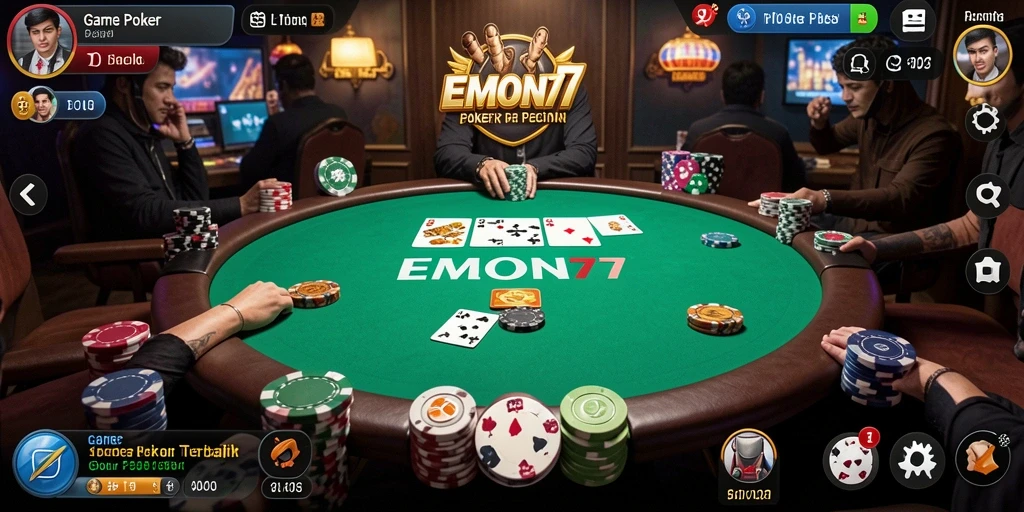 Tampilan gameplay seru EMON77 dengan atmosfer poker yang menegangkan.