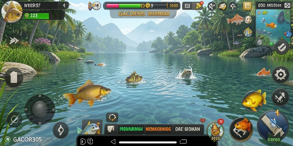 Tampilan gameplay GACOR305 saat menangkap ikan di lokasi indah.