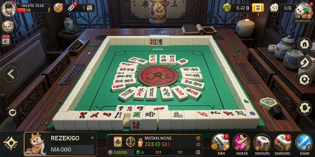 Tampilan gameplay menantang dari REZEKIGO dengan desain Mahjong menarik.