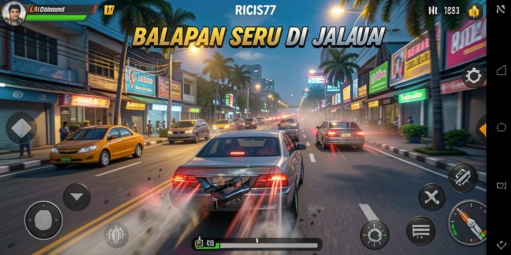 Screenshot gameplay RICIS77 menampilkan aksi balapan yang mendebarkan.