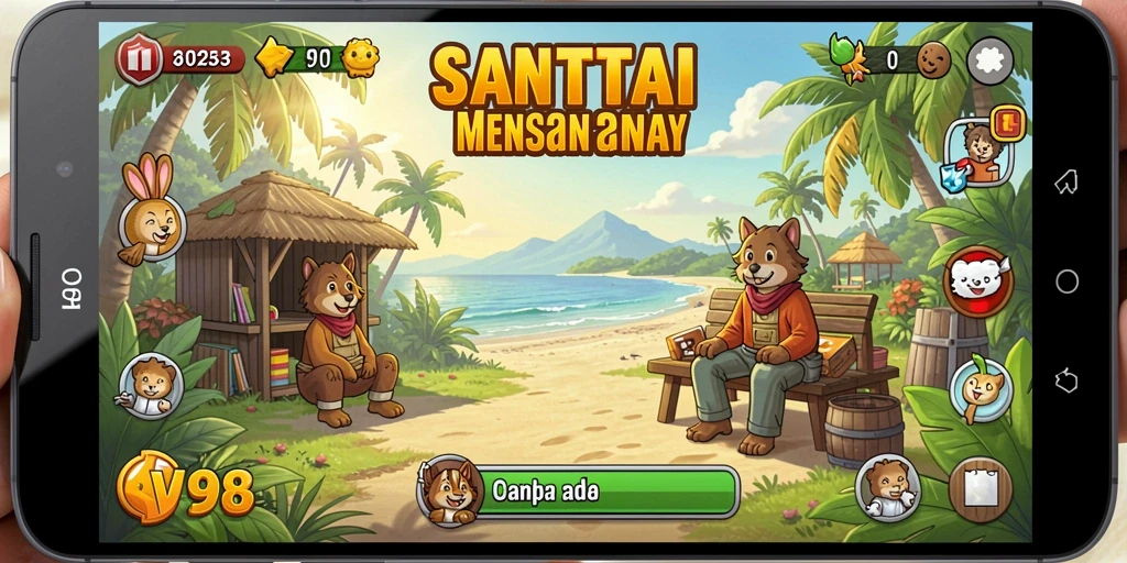 Tampilan gameplay V98 yang seru dan berwarna-warni.